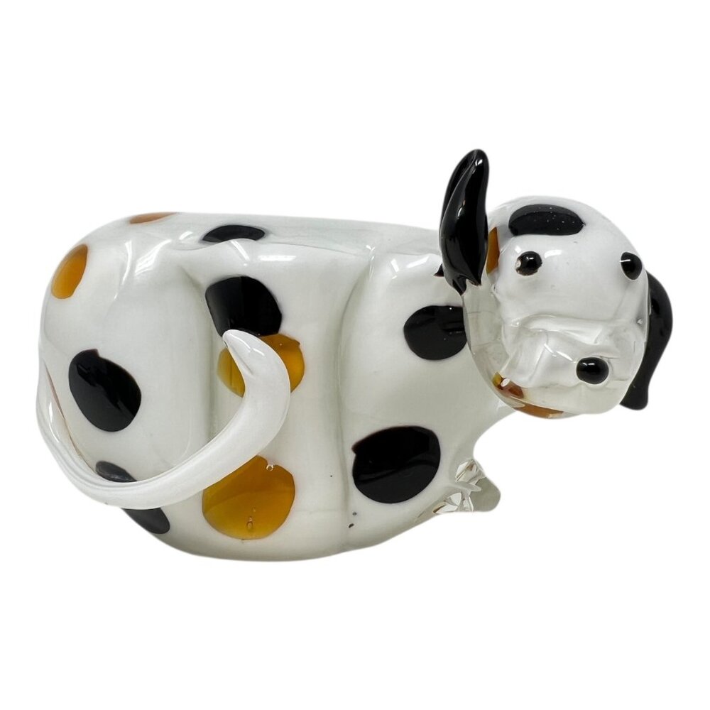 Dalmation Spotted Dog Art Glass Paperweight Figurine White Brown Black Spots